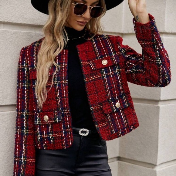 Clasi Autumn Casual Plaid Cropped Woolen Jacket - Picture 1 of 5